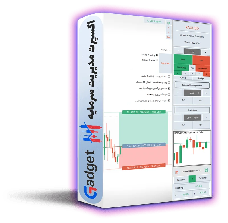 باکس محصول گجت بات در صفحه اصلی سایت برای معرفی دستیار معامله‌گر هوشمند