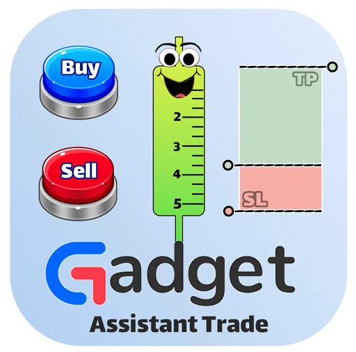 لوگوی گجت‌بات با دکمه‌های آبی خرید و قرمز فروش و خط‌کش کارتونی