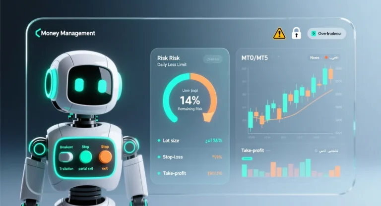 نمای داشبورد ربات مدیریت سرمایه در متاتریدر با پنل ریسک، حجم پوزیشن، حد ضرر و سقف ضرر روزانه