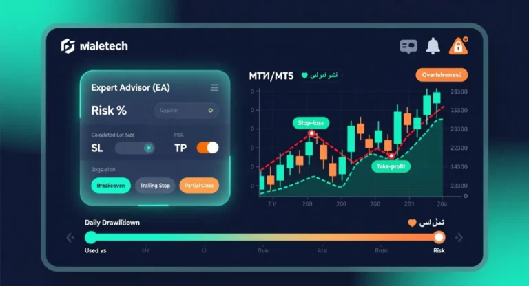 داشبورد اکسپرت مدیریت ریسک در متاتریدر با چارت قیمت، پنل تنظیم ریسک ثابت، حجم معامله، حد ضرر، حد سود و نشانگر سقف ضرر روزانه