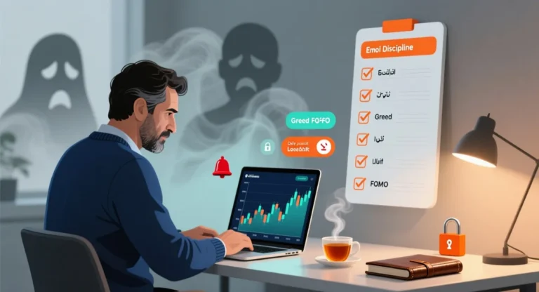 تصویر تریدری آرام پشت میز که کنار نمودار قیمت، چک لیست و پلن معاملاتی برای مدیریت احساسات ترید را روی صفحه نمایش می بیند